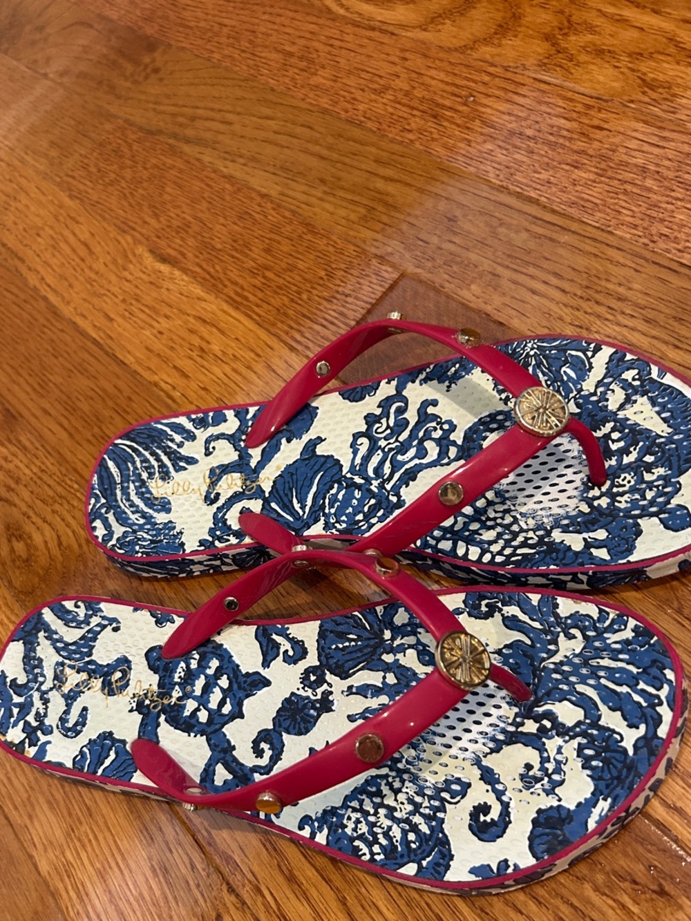 Lilly Pulitzer Navy Floral Footbed Flip Flops with Red Straps